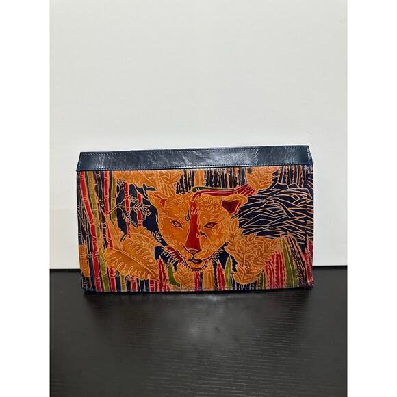 Genuine Leather Leopard Clutch Bag Purse Made in India 14"x8.5"x2.5" - Picture 1 of 16